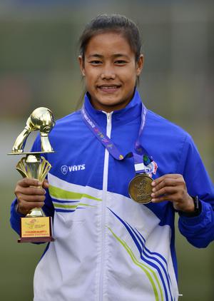 Double delight: Melody Chanu Keisham won the golden glove in the Women’s Under-17 football tournament. And her team, Manipur, won the gold.