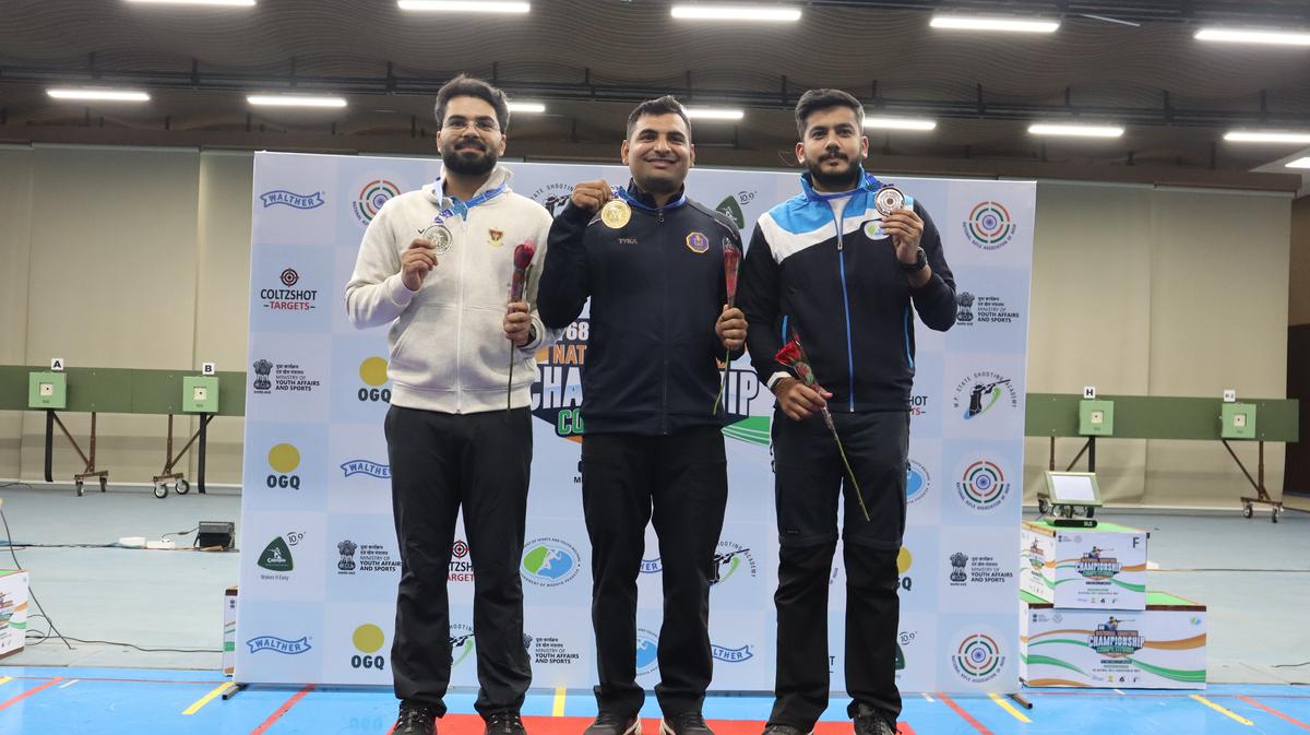 (L–R): Arjun Babuta, Kiran Ankush Jadhav, and Aishwary Pratap Singh Tomar—the podium finishers of the men’s 10m air rifle at the 68th NSCC.