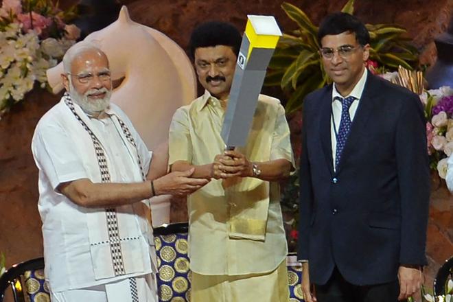 The weight of expectations: Indian Prime Minister Narendra Modi (left) with Tamil Nadu Chief Minister MK Stalin (centre) and Viswanathan Anand at the inaugural ceremony of the 44th Chess Olympiad.  Gelfand knows there will be pressure on Indian players to do well.  