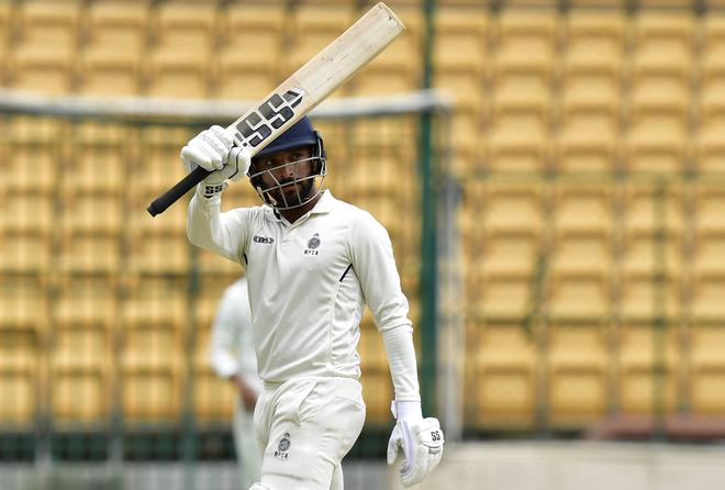 At the vanguard: Rajat Patidar raises his bat after reaching his century during the Ranji Trophy final. Pandit observes: “One cannot stop him once set. He reads the line and length better than most batters.”