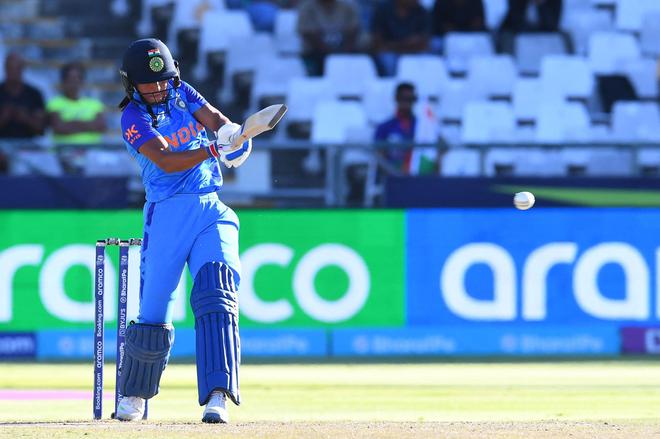 Fighting knock: Harmanpreet Kaur pulls one to the leg side during her innings of 52 against Australia in the semifinals of the T20 World Cup. Harmanpreet was run out at a crucial juncture in the run chase and India lost by five runs.
