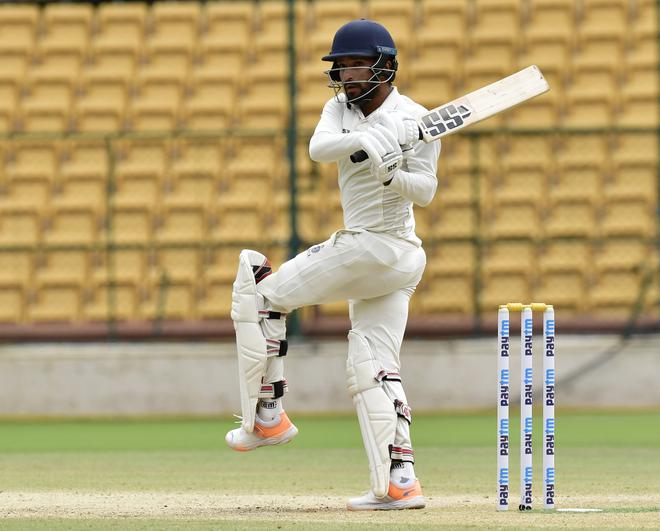 A cut above the rest: Rajat Patidar plays a pull shot during his innings of 122. One of three century-makers from Madhya Pradesh, Patidar was perhaps the best batter to view. Special batters have that extra second to time their response and Patidar was in control, essaying magnificent strokes.