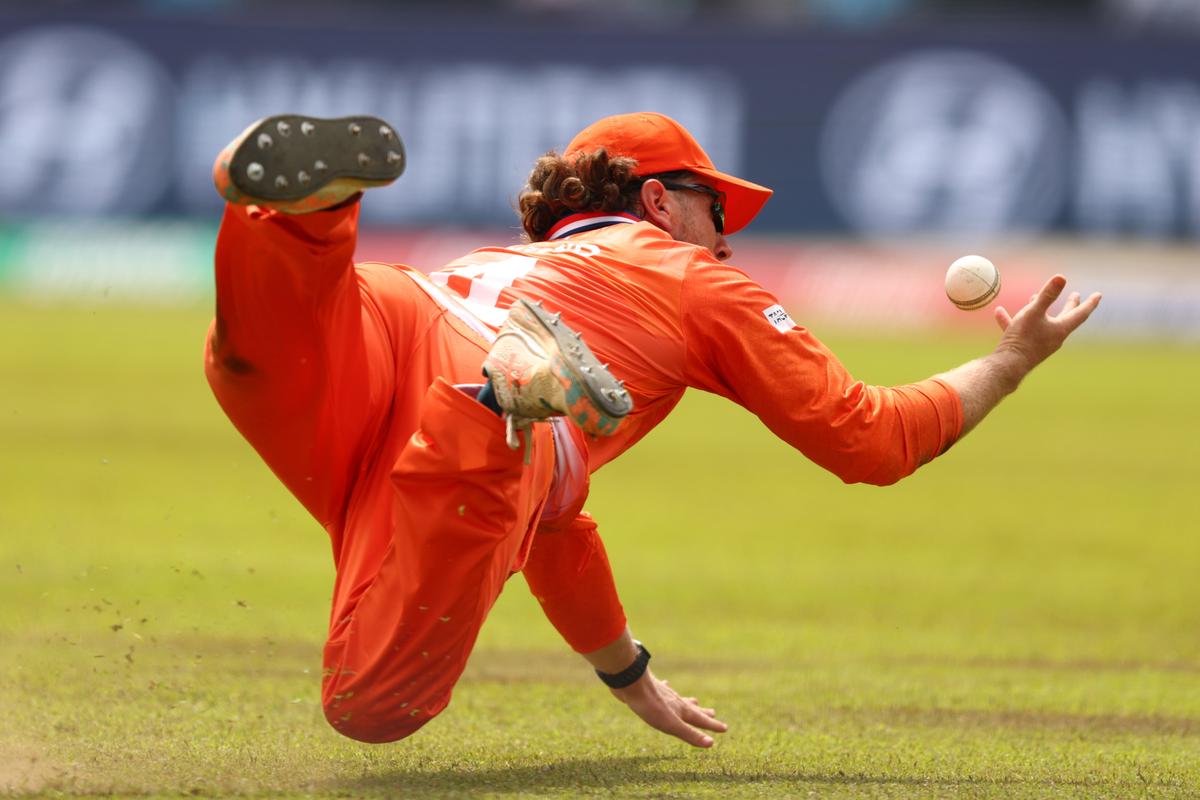 Cruel margin: Max O’Dowd put down Faheem Ashraf at long-off, a moment that slipped through the Netherlands’ fingers as Pakistan escaped with the match. 