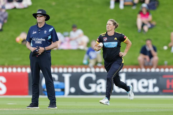 Injury trouble: New Zealand’s Sophie Devine bowls during the Super Smash. Devine suffered a stress fracture while playing the domestic T20 league and has ruled herself out of the T20 World Cup warm-up games.
