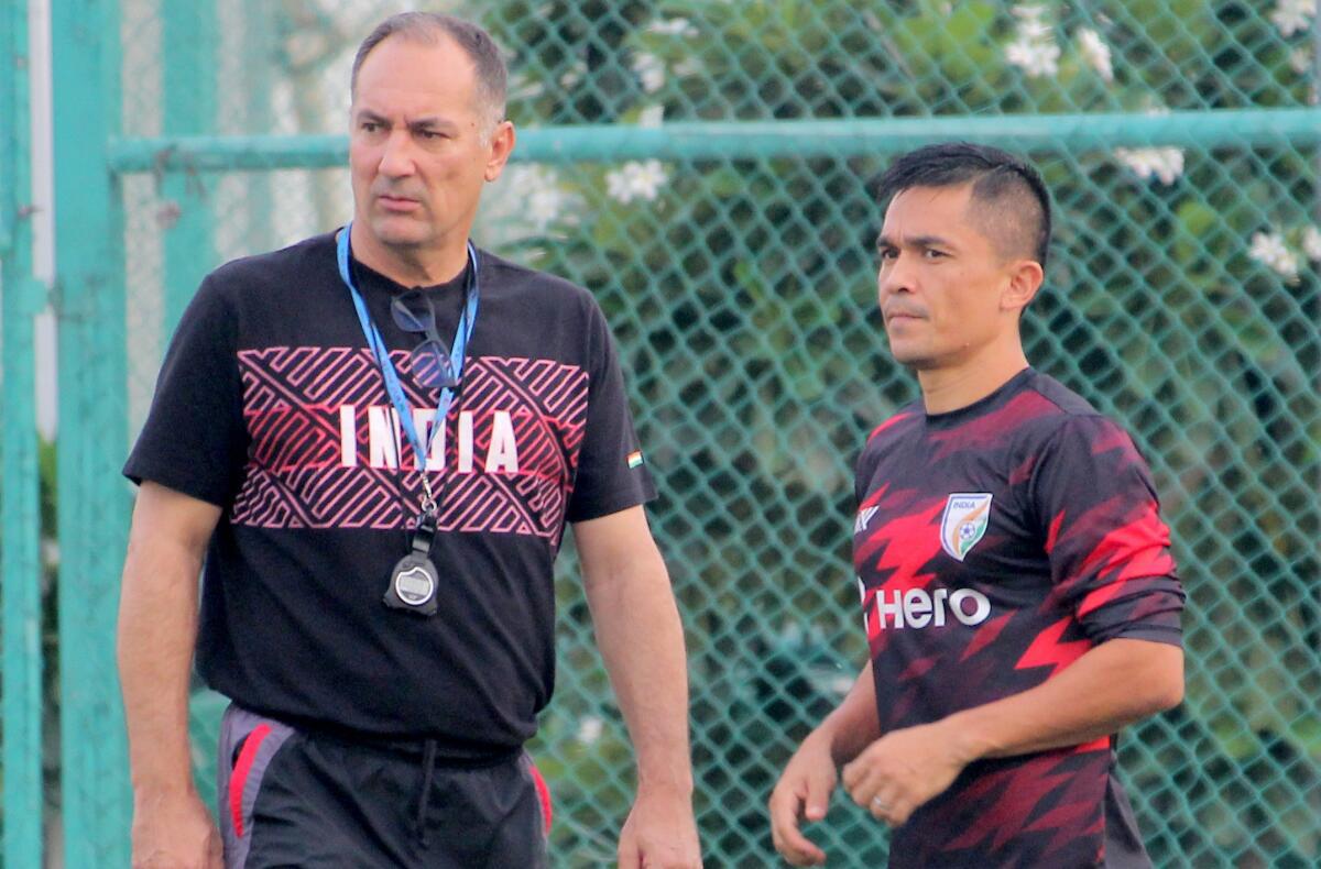  Indian team captain Sunil Chhetri (right) in a training session with head coach Igor Stimac. 