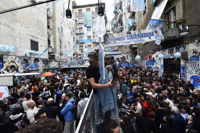 Napoli fans in the street of Naples, ahead of potentially winning Serie A.
