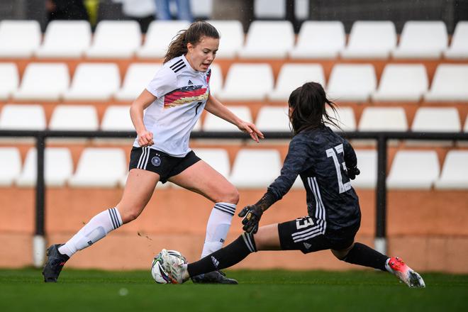 In form: Mara Alber (centre) will be the central point of attack for Germany at the U-17 World Cup. She was the joint-highest goalscorer at the UEFA Women’s Under-17 Championship (alongside Carla Camacho).