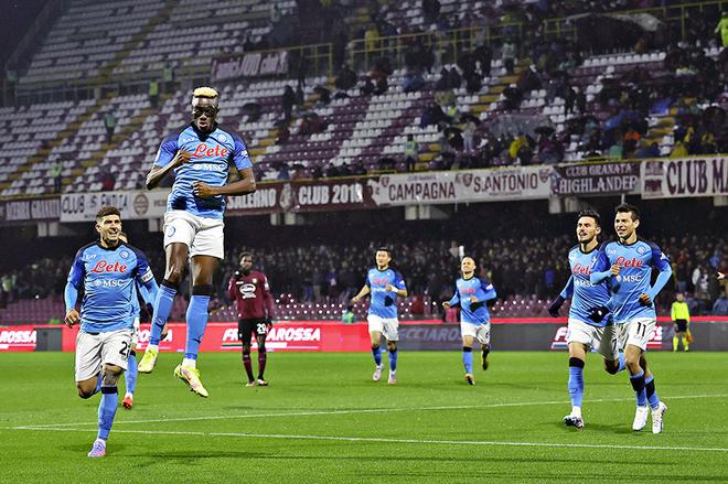 Jumping for joy: Napoli’s Victor Osimhen (second left), celebrates after scoring his team’s second goal against Salernitana in Serie A.