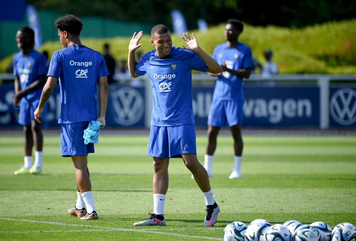 France’s forward Kylian Mbappe attends a training session in Clairefontaine-en-Yvelines on June 14, 2023, as part of the French national team’s preparations for the upcoming UEFA Euro 2024 football tournament qualifying matches.