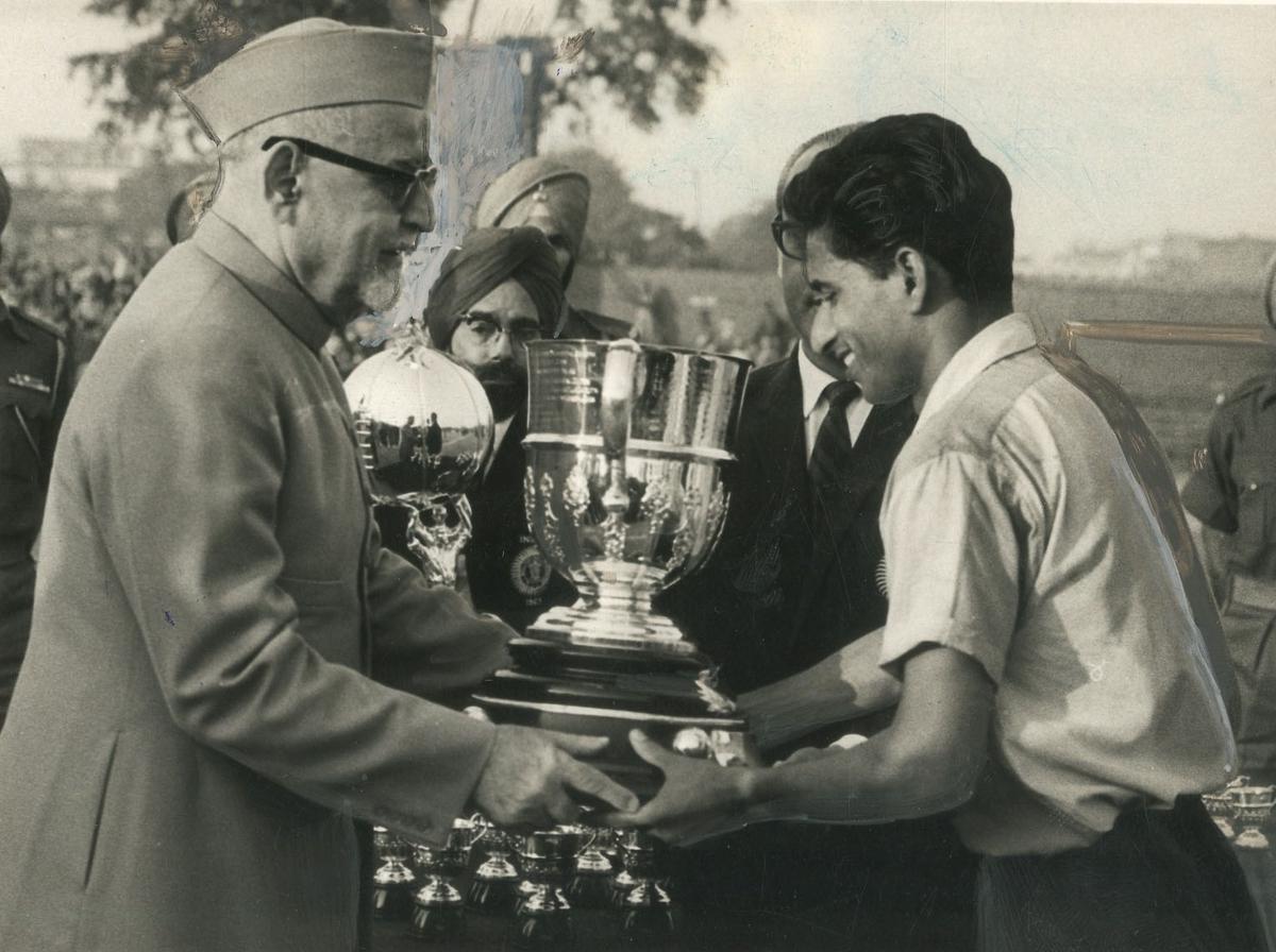 P. Sinha, captain of the East Bengal team, receiving the Durand Cup trophy from the Indian President Dr. Zakir Husain, in Delhi on January 11, 1968. East Bengal beat Nagpur Railways.