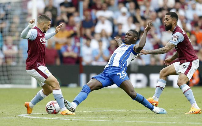 Brighton & Hove Albion’s Moises Caicedo in action with Aston Villa’s Douglas Luiz and Emiliano Buendia. 