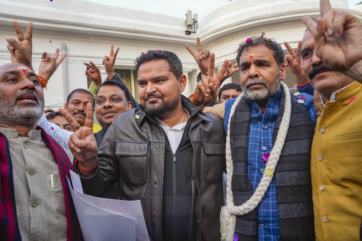 The newly-elected president of the Wrestling Federation of India (WFI) Sanjay Singh with son of BJP MP Brij Bhushan Sharan Singh, BJP MLA from Gonda Prateek Bhushan Singh and others, in New Delhi.