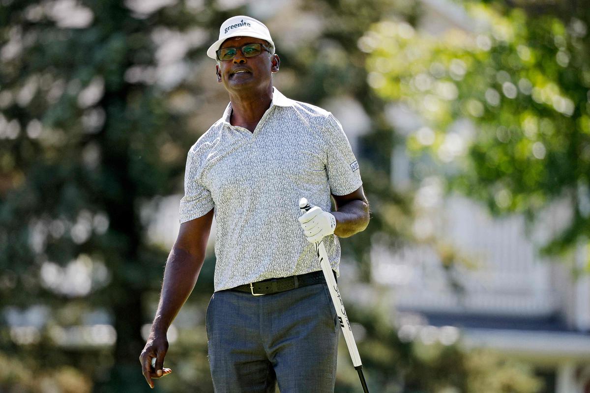 Vijay Singh of Fiji reacts after making a bogey on the 15th hole during the final round of The Ally Challenge. 