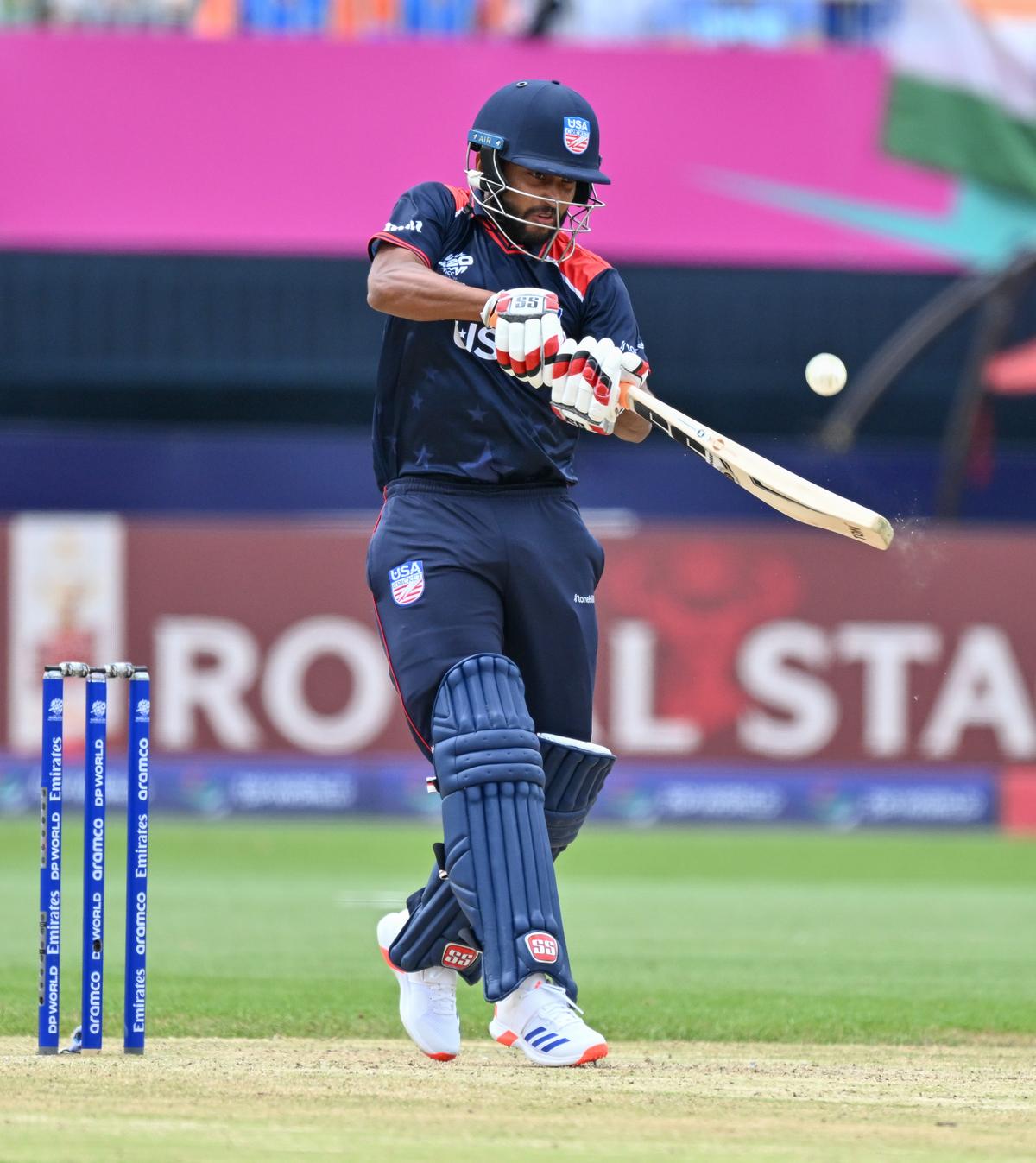 FILE PHOTO: USA’s Harmeet Singh plays a shot during the ICC Men’s T20 World Cup cricket match between India and United States of America at the Nassau County International Cricket Stadium in Westbury.