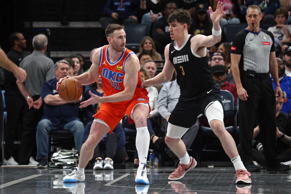 Oklahoma City Thunder forward Gordon Hayward (33) handles the ball as Memphis Grizzlies forward Jake LaRavia (3) defends during the second half.