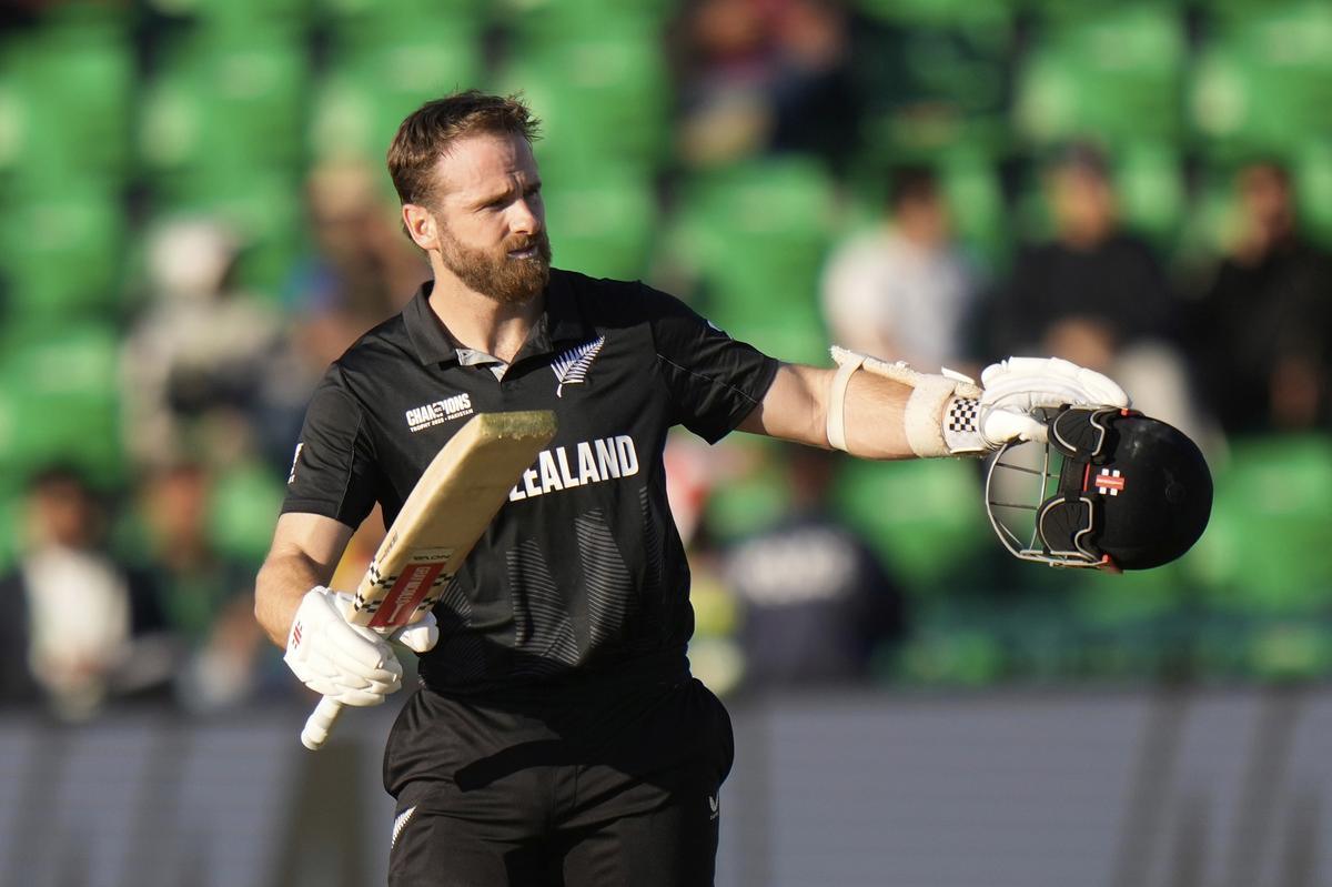 FILE PHOTO: Kane Williamson celebrates his century against South Africa in the semi-final of the 2025 Champions Trophy