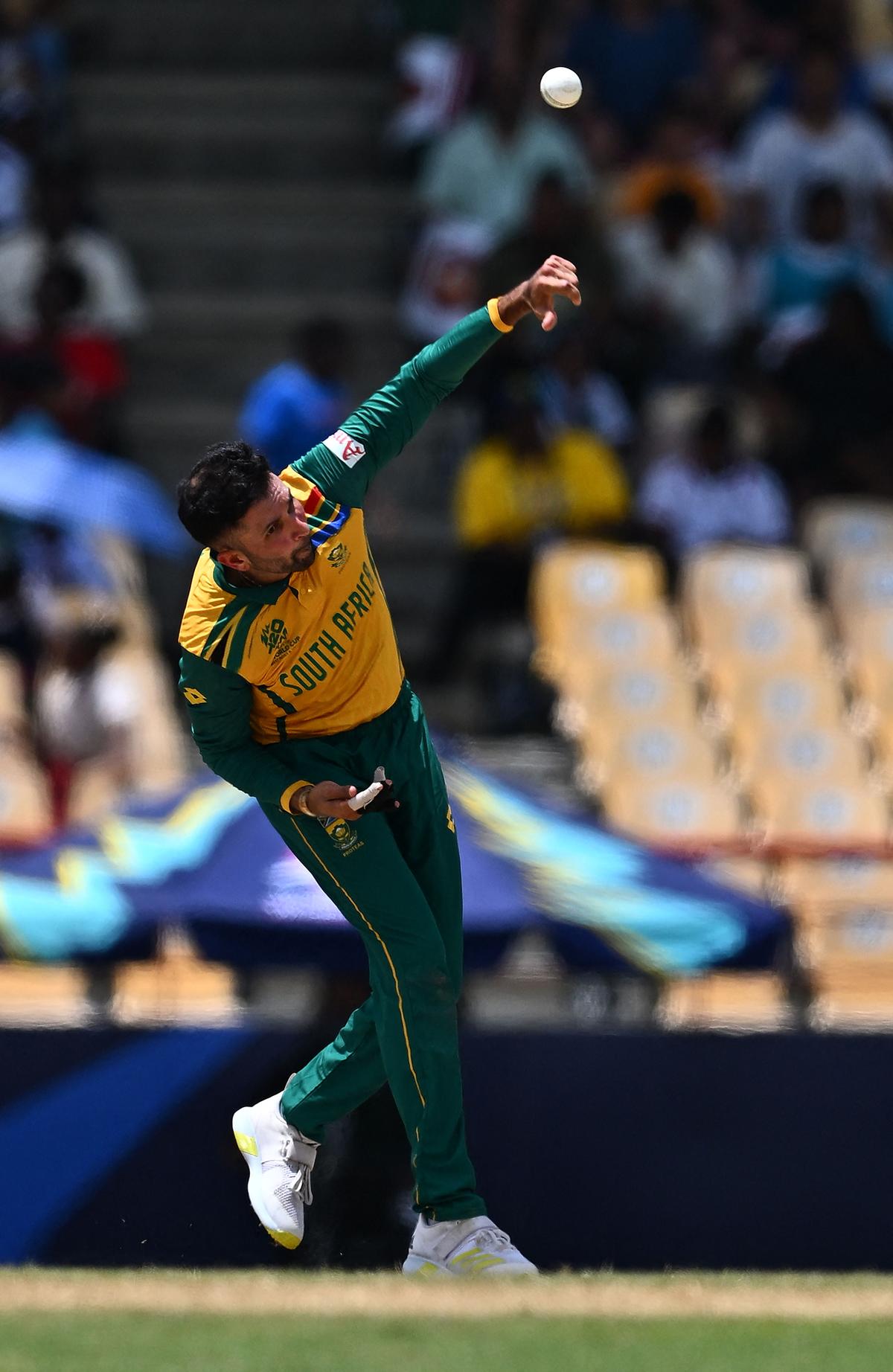 South Africa’s Keshav Maharaj in action. 