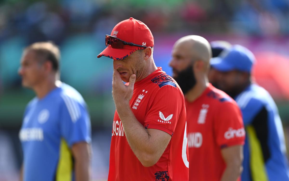 England’s Jos Buttler and his team after the semifinal loss to India. 