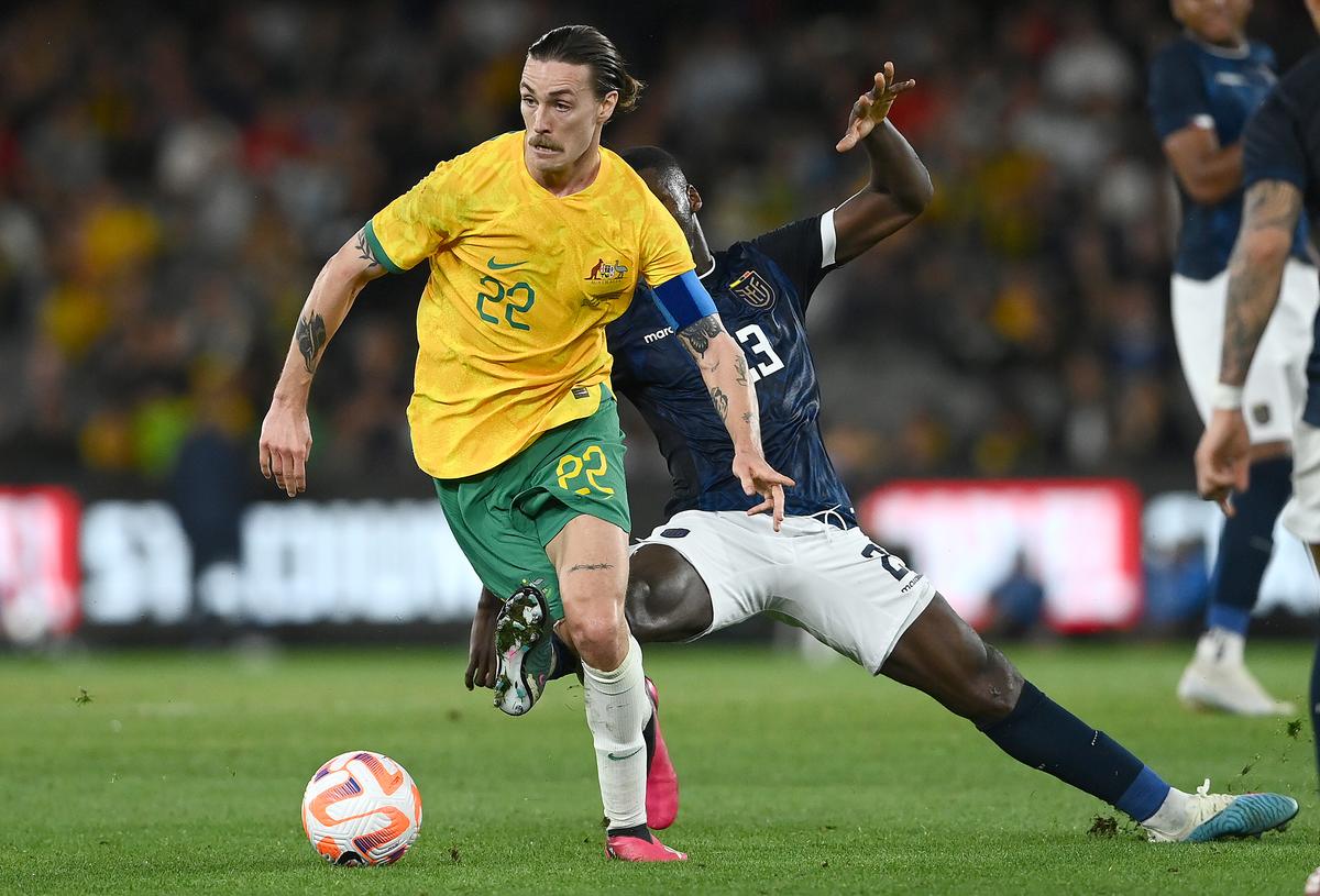 FILE PHOTO: Jackson Irvine of the Socceroos is tackled by Moisés Caicedo of Ecuador during the International Friendly match between the Australia Socceroos and Ecuador at Marvel Stadium