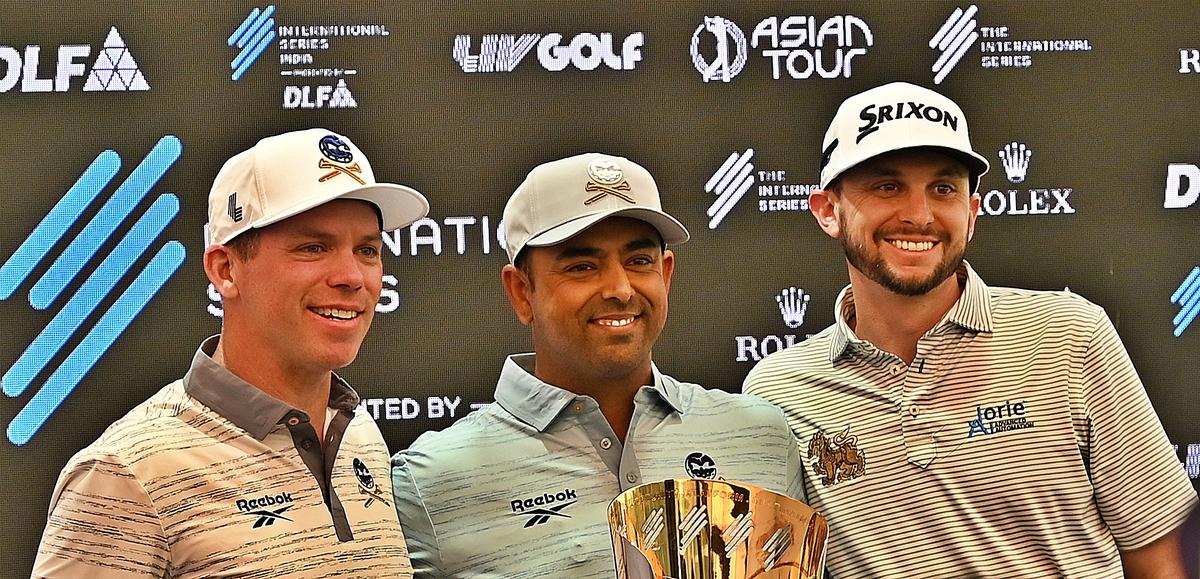 Photo of, Anirban Lahiri, flanked by Paul Casey (left) and John Catlin, addresses the media on the eve of the $2 million International Series golf championship at the DLF in Gurugram on Wednesday. 