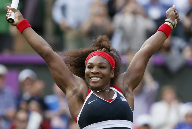 Serena Williams of the U.S. celebrates after winning the women’s singles gold medal match against Russia’s Maria Sharapova at the London 2012 Olympic Games.