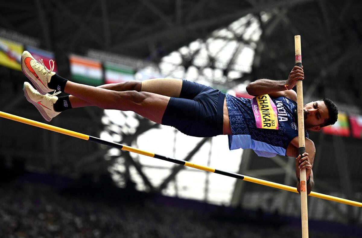 FILE PHOTO: Tejaswin Shankar in action during the decathlon pole vault event at the 2022 Asian Games.
