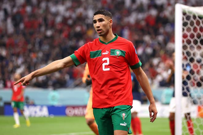 Achraf Hakimi of Morocco reacts during the FIFA World Cup Qatar 2022 semi final match between France and Morocco at Al Bayt Stadium.