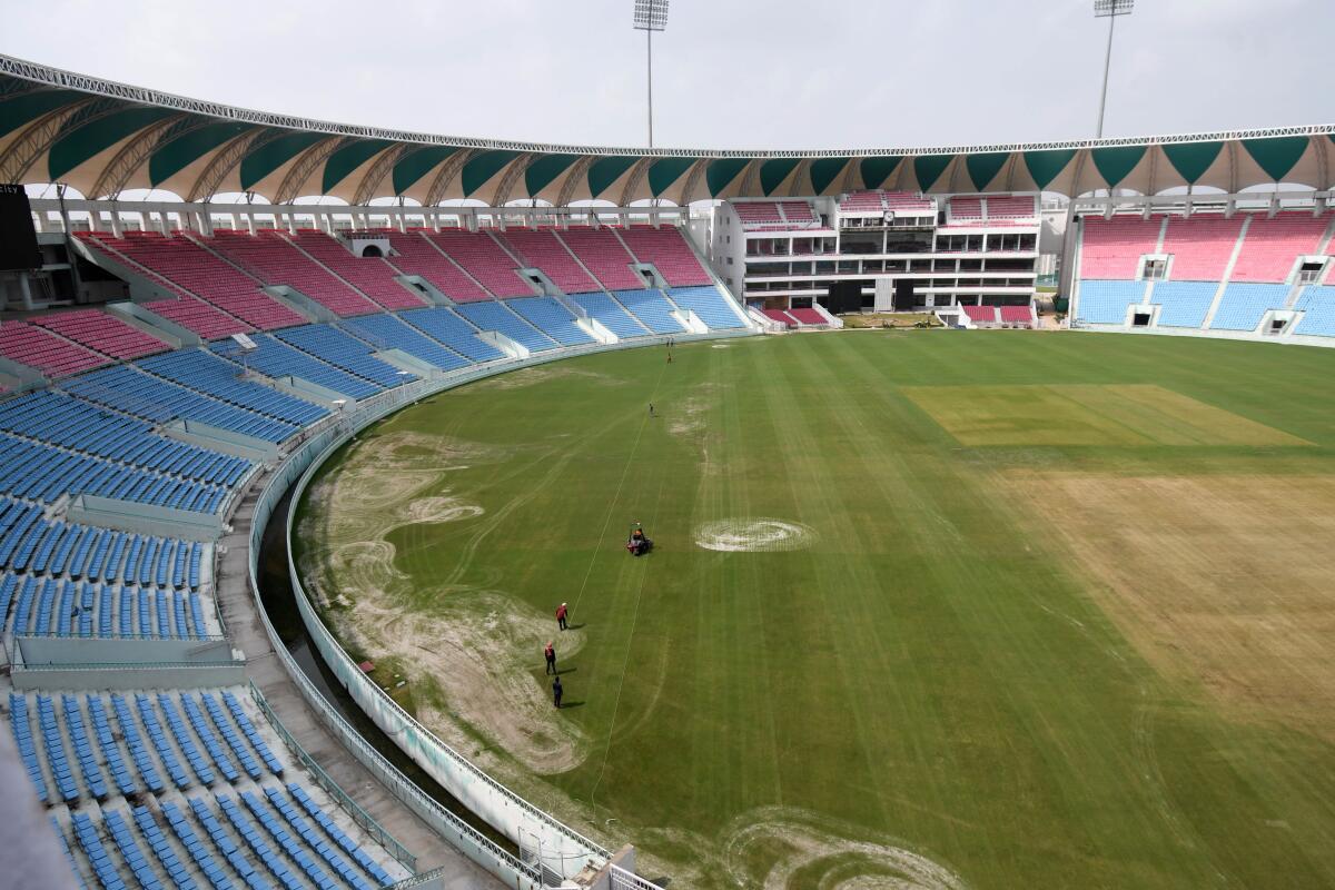 The square patch in the centre of the pitch shows the work gone into redoing the wickets at the Ekana. The focus from now till the start of the World Cup will be grow and maintain good grass cover throughout the playing area. Manicuring of the grass and beautification (the patterned lines being mowed in) has begun too. 