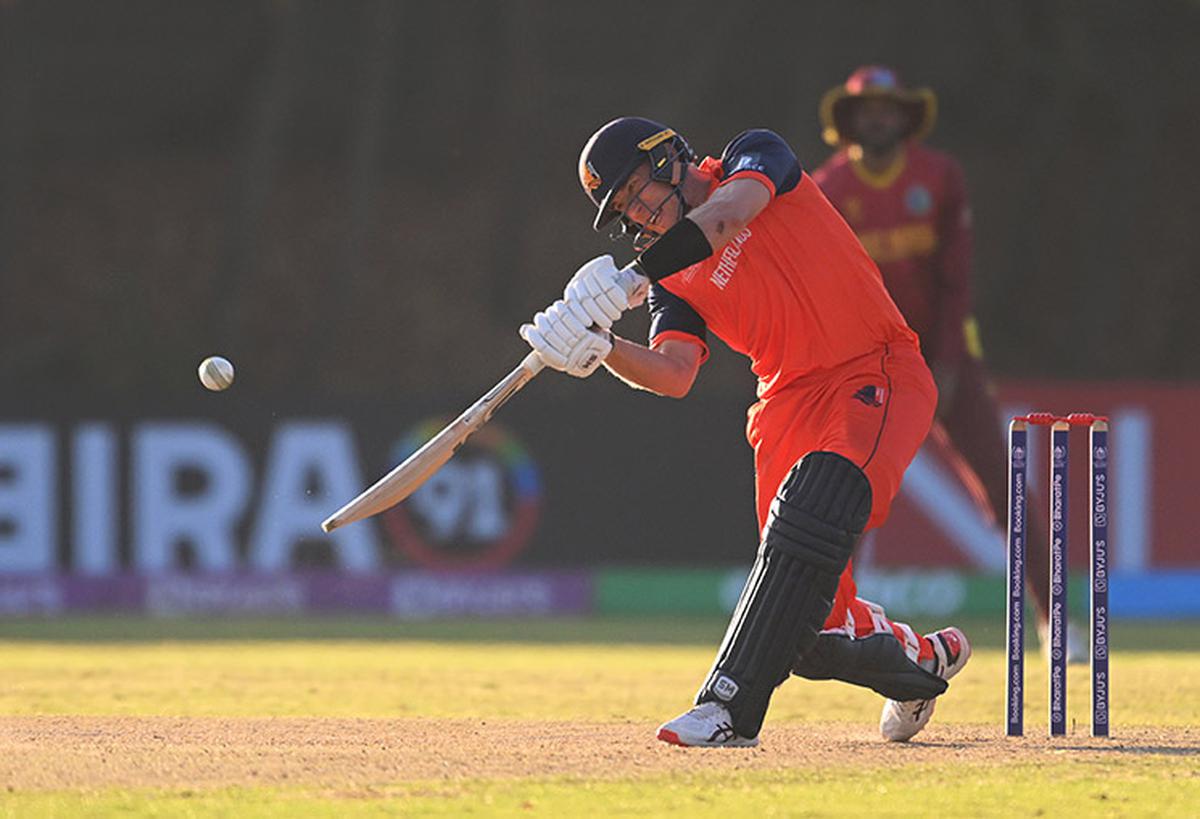 Netherlands’ Logan van Beek hit 30 runs in the Super Over against West Indies.