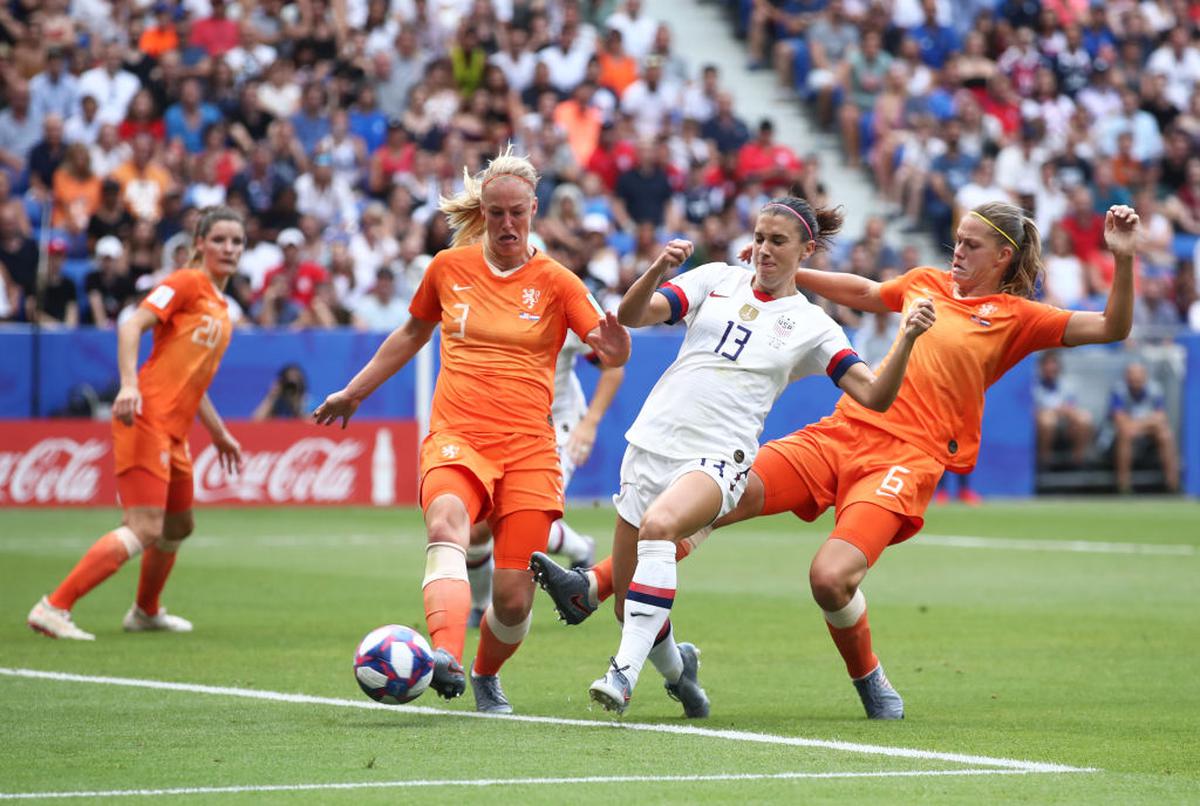 Alex Morgan of the USA battles for possession with Stefanie Van der Gragt and Amouk Dekker of the Netherlands during the 2019 FIFA Women’s World Cup France Final.