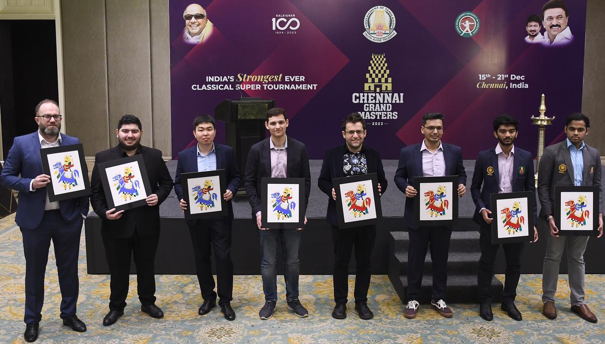 August field: (L-R) Pavel Eljanov, Parham Maghsoodloo, Sanan Sjugirov, Alexandr Predke, Levon Aronian, Pentala Harikrishna, D. Gukesh, Arjun Erigaisi at the inauguration function of Chennai Grand Masters Chess Championship 2023 in Chennai. 