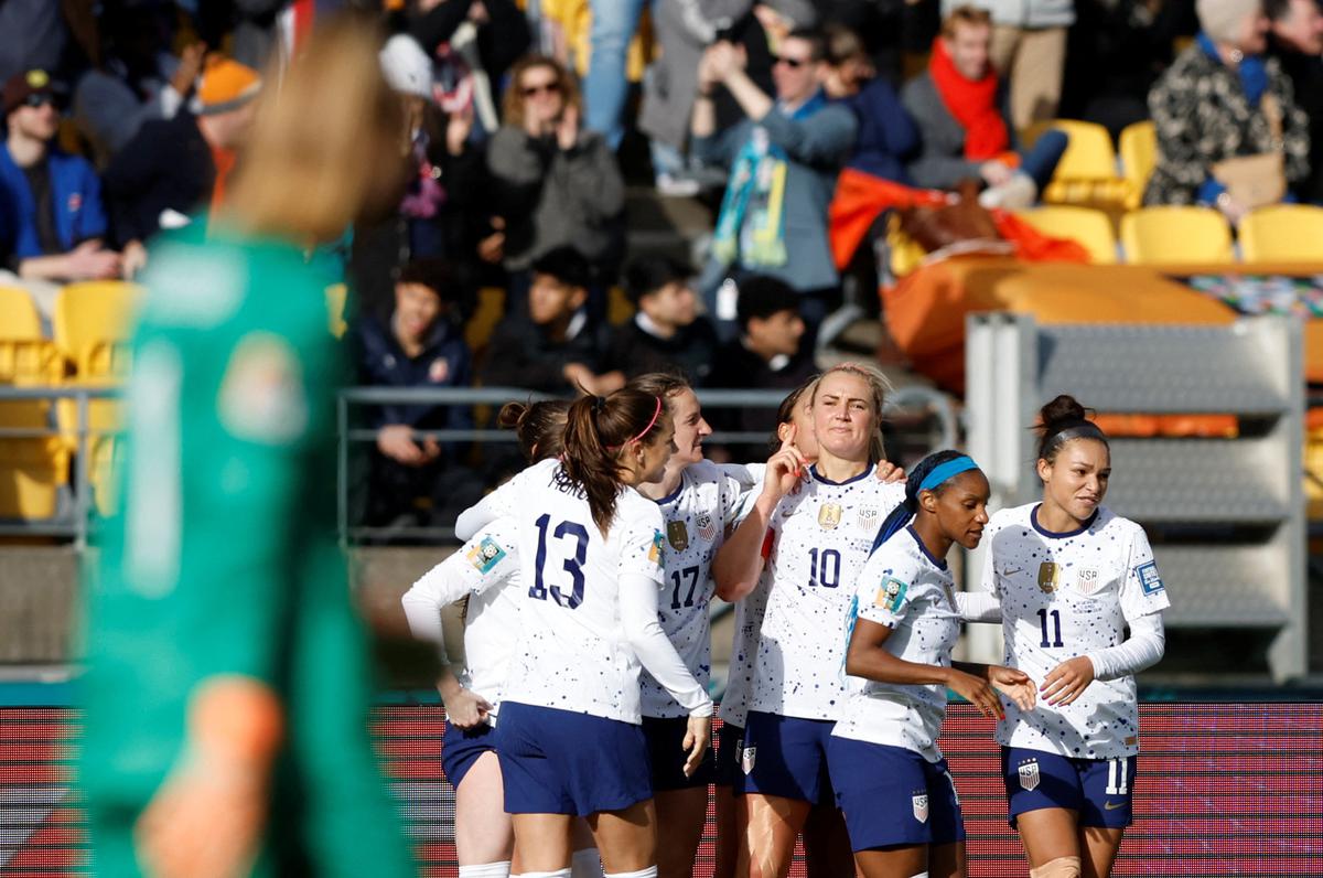 Lindsey Horan of the U.S. celebrates scoring against the Netherlands. 