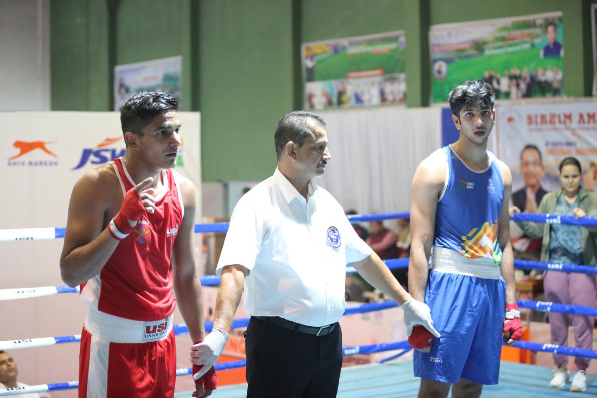 SSCB’s Arman (red) after his win in the 80kg semifinal over MP’s Prasant Khatana at the sixth Youth Men’s National Boxing Championships in Gangtok, Sikkim.