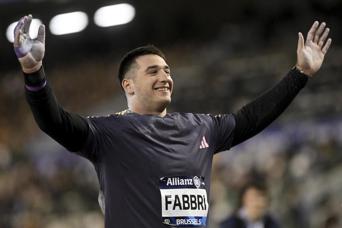 Leonardo Fabbri, of Italy, reacts while competing in the men’s shot put during the Diamond League final 2024 athletics meet in Brussels.