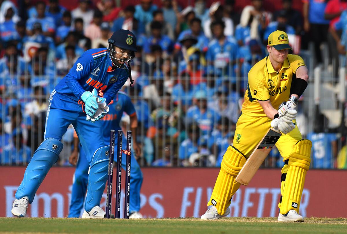 Australia’s Steve Smith is bowled by India’s Ravindra Jadeja in Chennai during the 2023 World Cup. 
