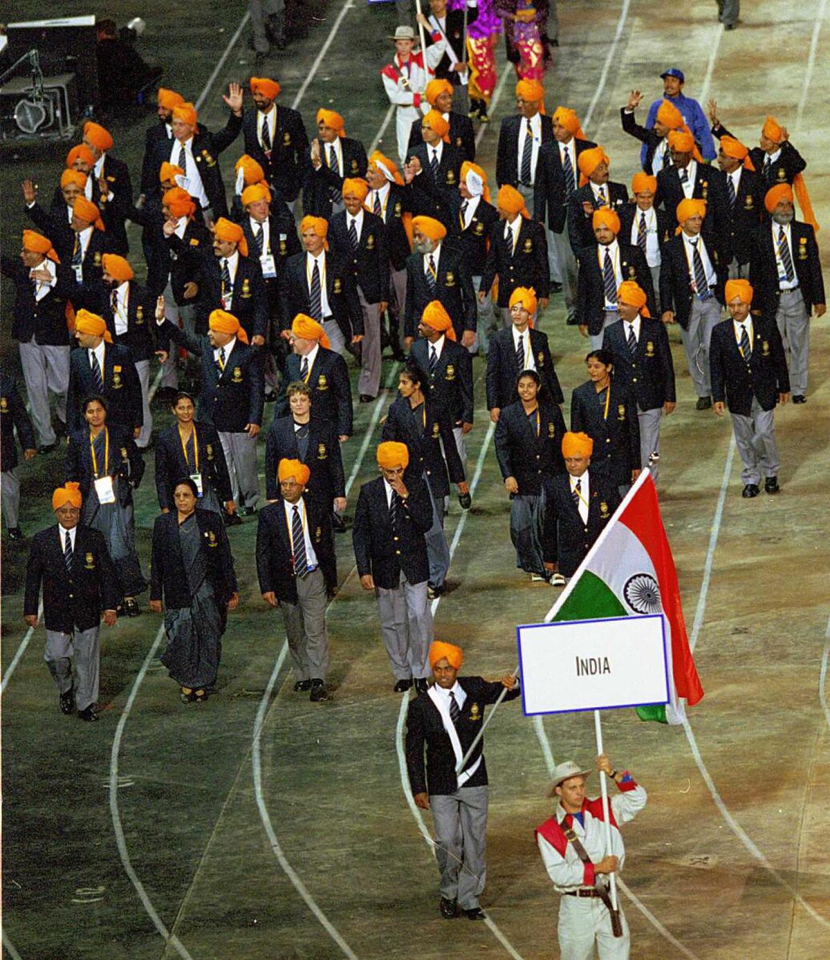 Leander Paes leading the Indian contingent at the opening ceremony of the Olympics at Sydney. 