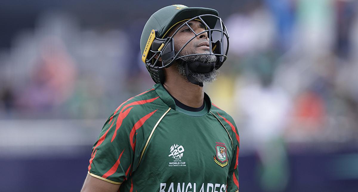 Mahmudullah Riyad reacts as he walks off the field after losing his wicket during the against South Africa in the ICC Men’s T20 World Cup match at the Nassau County International Cricket Stadium in New York.