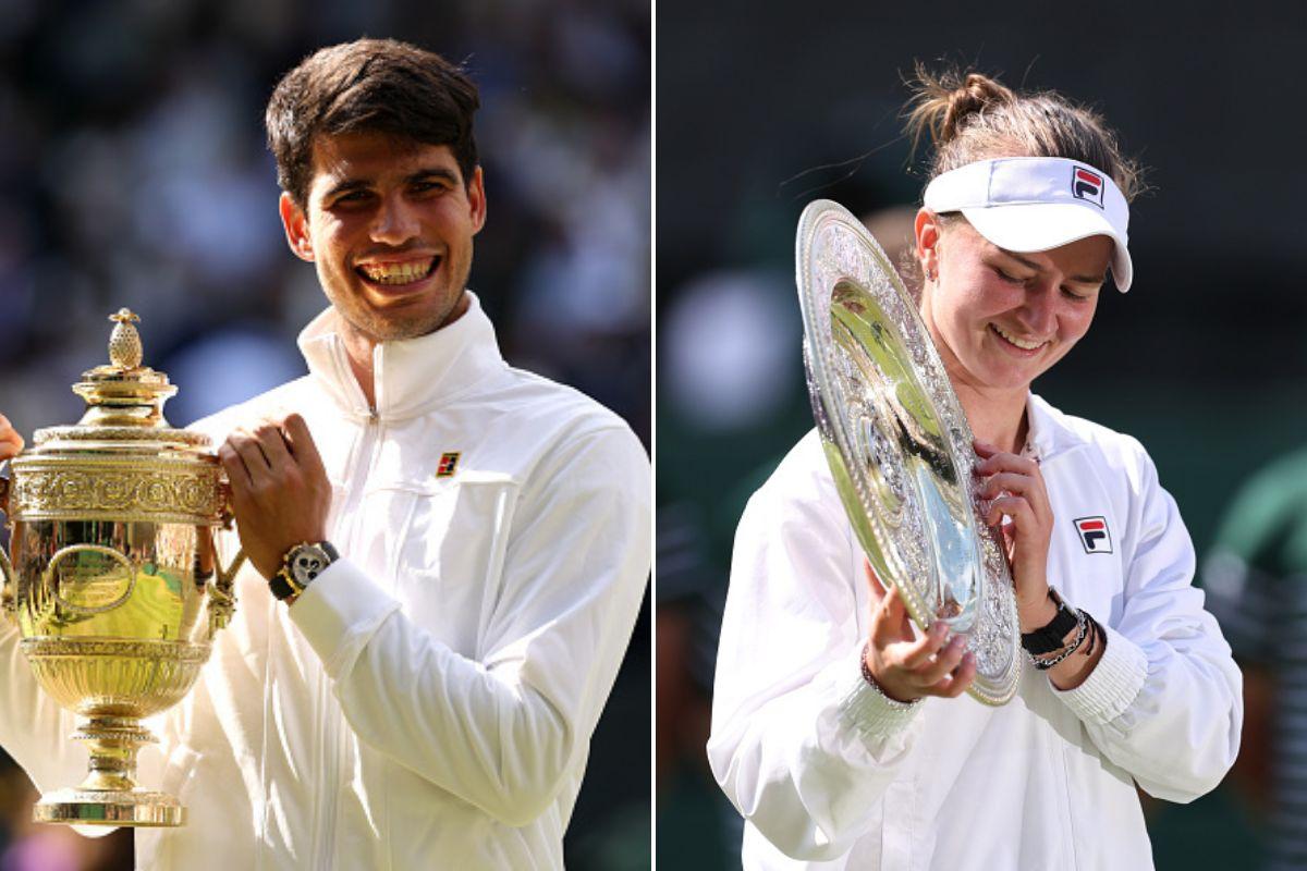 Spain’s Carlos Alcaraz (left) and Czech Republic’s Barbora Krejcikova (right) won the singles titles at Wimbledon this year.