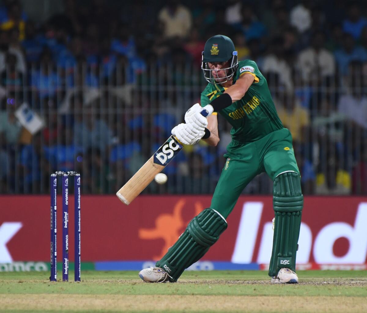 Marco Jansen plays a shot of South Africa during the match between Pakistan vs South Africa at MAC Stadium in Chennai on Friday. 