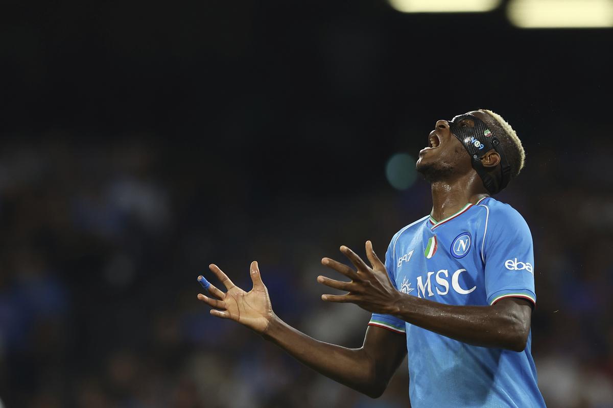 Napoli’s Victor Osimhen reacts during the Serie A match between Napoli and Udinese. 