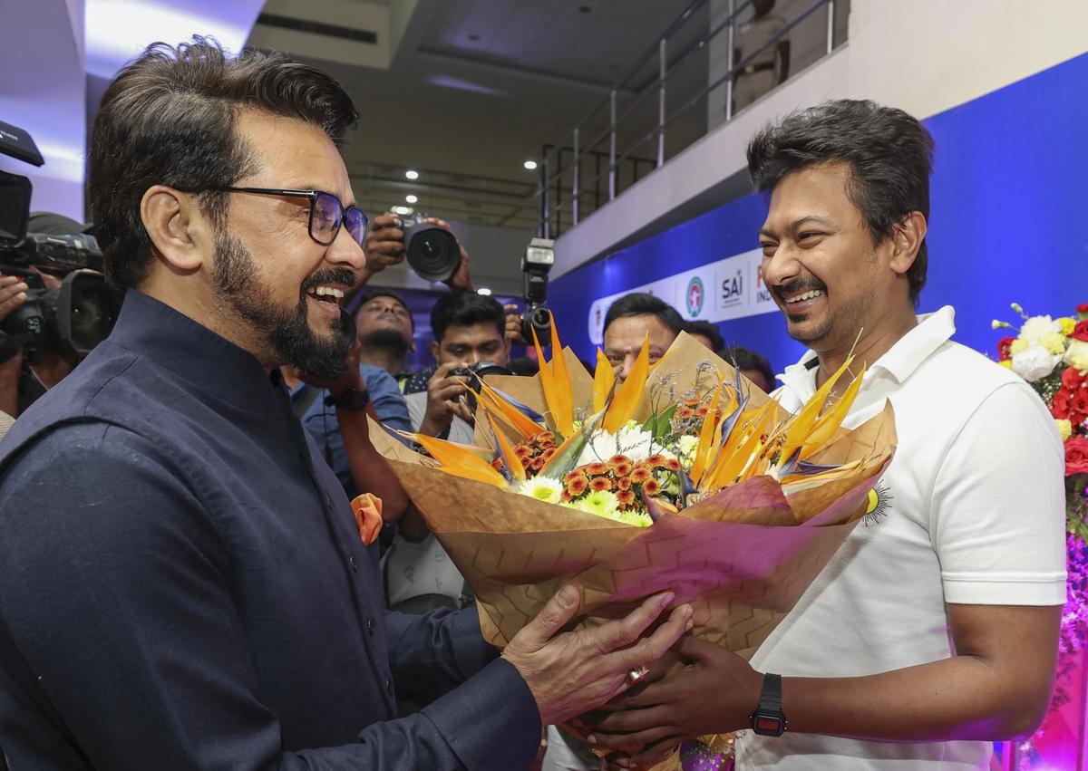 Leaders assemble: Anurag Thakur (L), Union Minister of Youth Affairs & Sports, and Udhayanidhi Stalin (R), Tamil Nadu Sports Minister, greet each other during the closing ceremony.