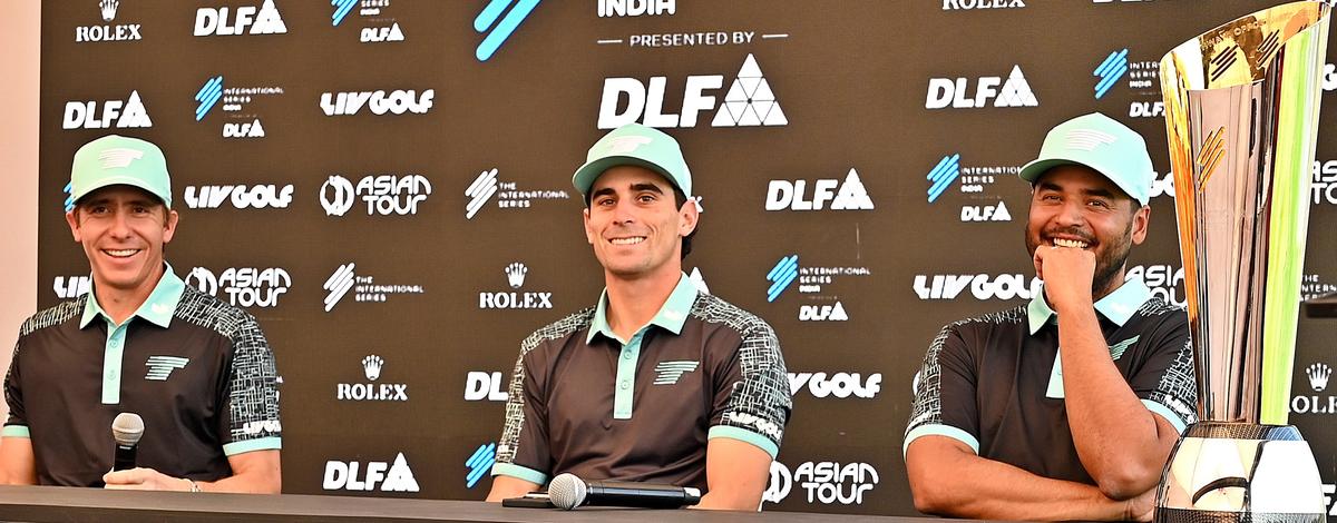 Champions of the PGA Tour, Carlos Ortiz, Joaquin Niemann, Sebastian Munoz answer the media about competing in the International Series golf tournament at the DLF Club in Gurugram on Tuesday.