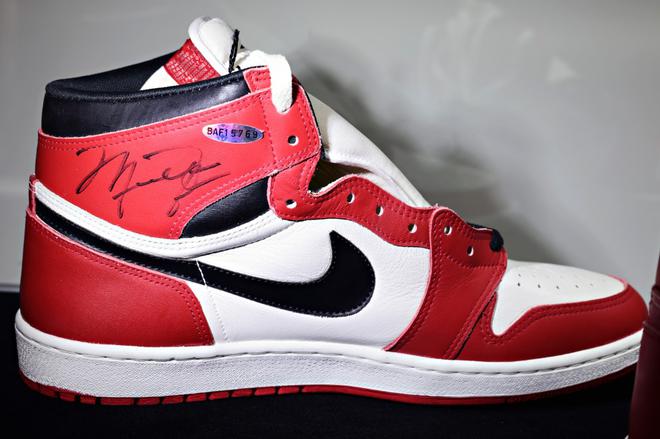 Michael Jordan-signed 1985 ‘Player Sample’ Air Jordan 1s is on display in New York.