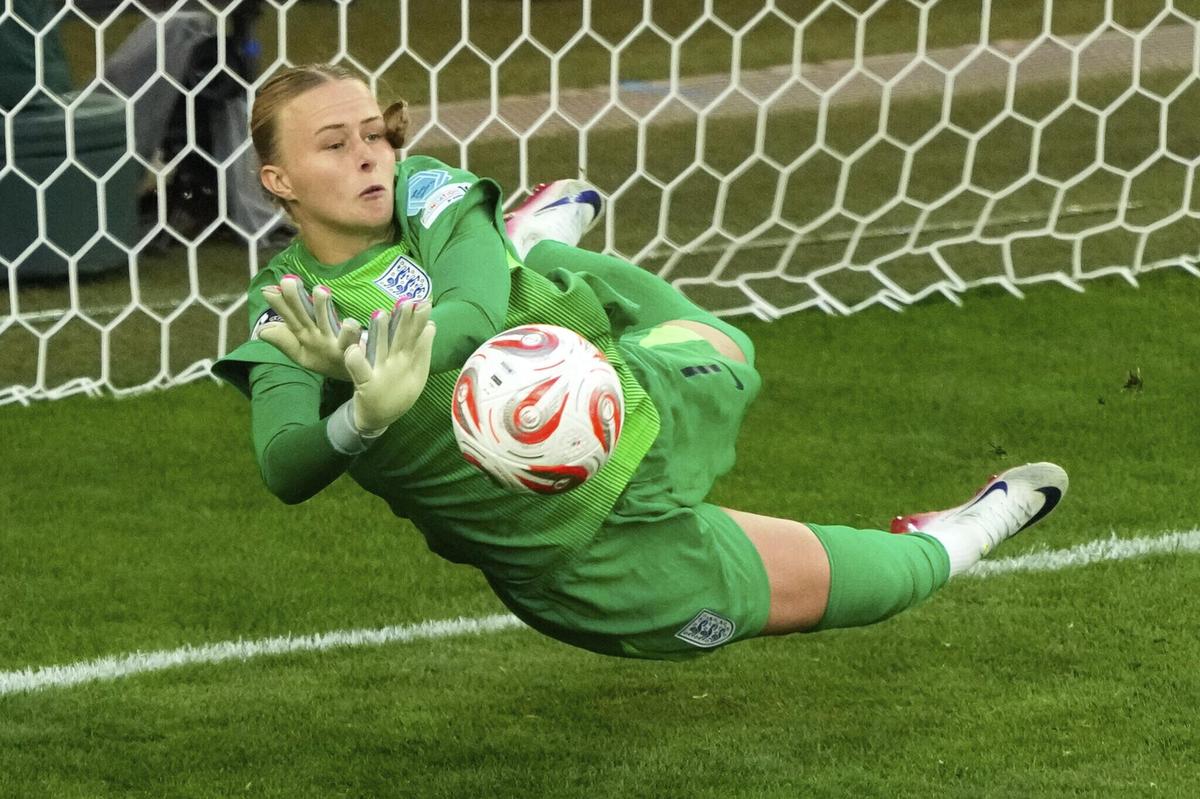 England’s Hannah Hampton saves Aitana Bonmatí’s penalty in the Euro 2025 final against Spain at St. Jakob-Park, Basel.