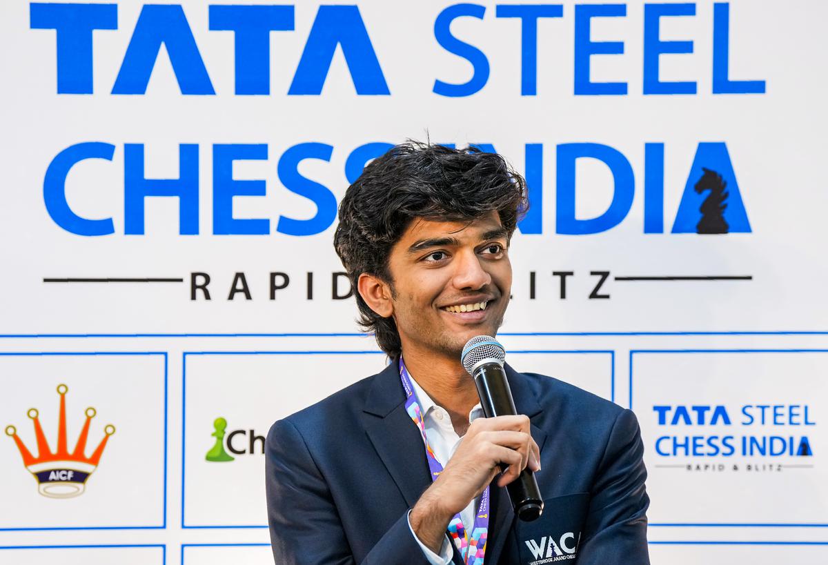 Indian GM Dommaraju Gukesh interacts with the media at the end of the Rapid event at the Tata Steel Chess India Rapid & Blitz tournament 2023. 