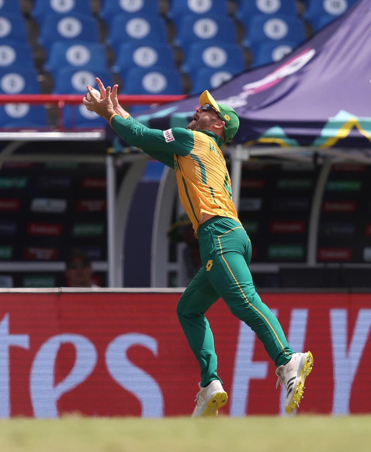 Aiden Markram of South Africa takes a catch to dismiss Harry Brook of England during the ICC Men’s T20 Cricket World Cup West Indies & USA 2024 Super Eight match between England and South Africa.