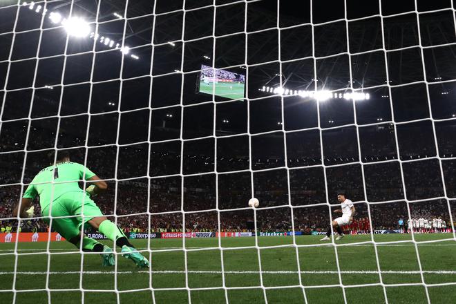 Gonzalo Montiel of Sevilla FC has the fourth penalty saved by Rui Patricio of AS Roma, which was later re-taken after a VAR check during the UEFA Europa League 2022/23 final. 