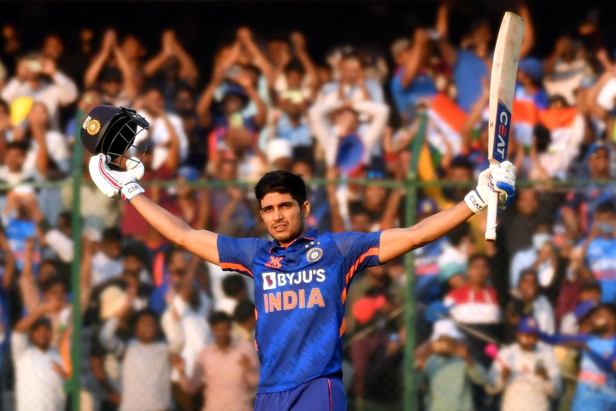 Shubman Gill celebrates after scoring a double-century during the first ODI between India and New Zealand at the Rajiv Gandhi International Cricket Stadium in Hyderabad. 