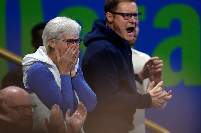 Britain’s Andy Murray’s mother and tennis coach Judith Murray celebrates his win against Czech Republic’s Jiri Lehecka