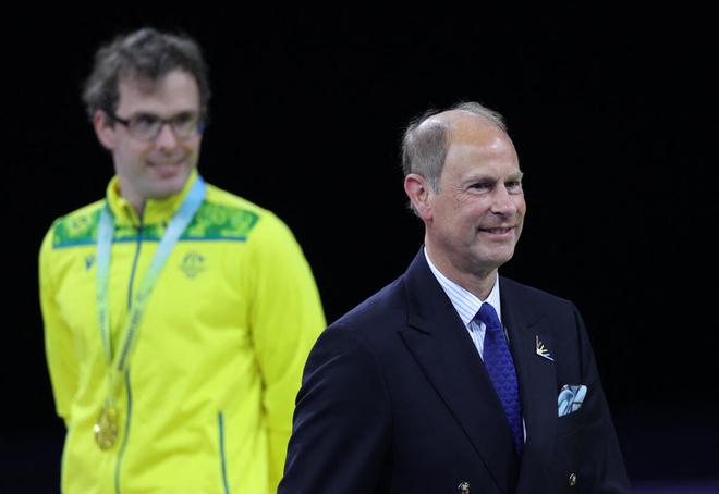 Gold medallist Australia’s Matthew Levy (left) on the podium with Prince Edward, Earl of Wessex during the medal ceremony of the Men’s 50m Freestyle S7 event. 